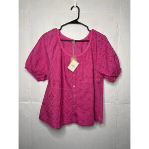 NEW Faherty Carmel Eyelet Top "Cactus Flower" Pink 100% Cotton Size Large